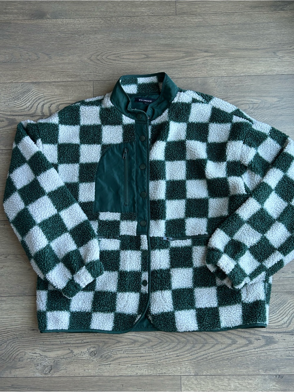 Blu Pepper Checkered Sherpa Jacket in Green and White